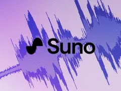 Logo Suno na tle fioletowej fali dźwiękowej. Słyszysz ten sus sound?