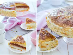 Deliciosa tarta San Marcos con capas de bizcocho, crema y cobertura de almendras tostadas. Un postre perfecto para celebrar.