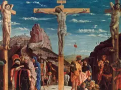 Die Kreuzigung Jesu mit zwei Schächern. Die Frage "wann ist Jesus gestorben" wird hier bildlich beantwortet.