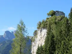 Burgruine Falkenstein thront auf Felsklippe, umgeben von Nadelbäumen. Perfekt für eine Wanderung mit Bergblick.