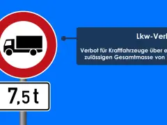 Verkehrsschild: Lkw-Verbot für Fahrzeuge über 7,5 t zulässiger Gesamtmasse.