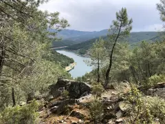 Vista panorámica del embalse de El Vado, rodeado de pinos y montañas. El agua serena refleja el cielo nublado.