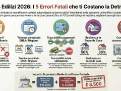 Infografica sui bonus edilizi: errori comuni, scadenze ENEA, tracciabilità pagamenti e residenza vs seconda casa. Il **significato** di "bifamiliare" non è esplicitato, ma si parla di detrazioni per prime e seconde case.
