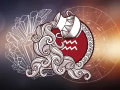 Symbol Wodnika, najbardziej wyjątkowy znak zodiaku, w otoczeniu kryształów i koła zodiaku.