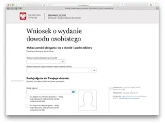 Wniosek o wydanie dowodu osobistego online. Formularz pozwala wybrać powód ubiegania się o dowód i urząd odbioru, a także dodać zdjęcie.