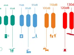 Onde sonore colorées traversant une oreille, montrant le chemin vers la cochlée. Un exemple de 100 dB.