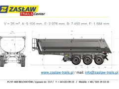 Rysunek techniczny naczepy ZASŁAW z wymiarami: V=25m³, A=9105mm, E=2978mm, B=7450mm, F=1584mm.