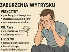 Ilustracja przedstawia mężczyznę z problemami z wytryskiem, z dłońmi na skroniach, symbolizującymi stres i ból. Wymienione są przyczyny, objawy i leczenie.