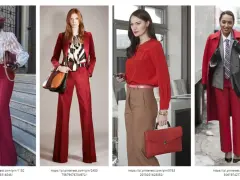 Kobiety w eleganckich stylizacjach, dominują odcienie czerwieni. Szerokie spodnie, garnitury i płaszcze tworzą wyraziste, modne zestawy.