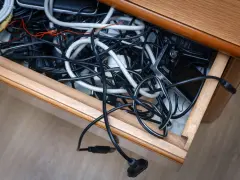 Szuflada pełna plątaniny kabli, ładowarek i urządzeń elektronicznych.