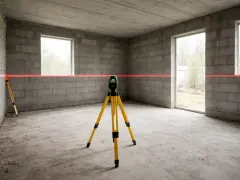 Laser krzyżowy na statywie wyznacza linię na ścianach z bloczków. Czy najpierw tynki czy wylewki? To pytanie, na które odpowiedź pomoże wyznaczyć ten laser.