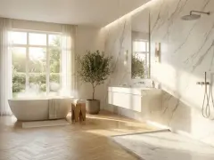 Salle de bain lumineuse avec baignoire îlot, douche à l'italienne en marbre et un sol en parquet clair.