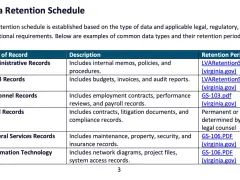 Data retention policy template showing record types, descriptions, and retention periods for administrative, fiscal, personnel, legal, general services, and IT records.