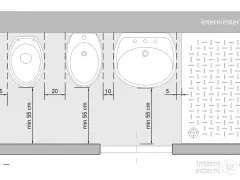 Schema con WC, bidet, lavabo e piatto doccia. Indica le dimensioni minime bagno per un corretto posizionamento.