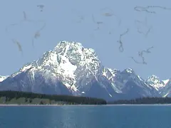 Montagne innevate su uno sfondo azzurro, con strani pallini negli occhi che fluttuano nell'aria.