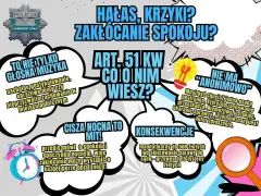Plakat informuje o zakłócaniu spokoju, które obejmuje nie tylko hałas, ale też inne zachowania. Art. 51 KW i konsekwencje.
