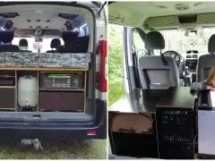 Wnętrze kampera Citroen z łóżkiem, kuchenką, zbiornikiem wody i lodówką. Dziewczynka odpoczywa przy lodówce.