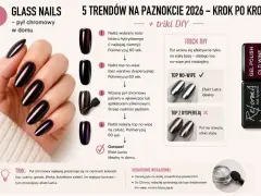 Dłoń z idealnymi, lustrzanymi paznokciami hybrydowymi w odcieniu ciemnego fioletu. Instrukcja krok po kroku, jak uzyskać efekt "glass nails" w domu.