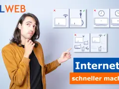 Mann erklärt, wie man das Internet schneller machen kann, indem man Geräte richtig verbindet und überlastete WLAN-Netzwerke vermeidet.