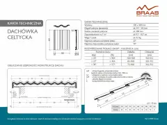 Karta techniczna dachówki celtyckiej z wymiarami, zaleceniami pochylenia połaci i rozstawem łat.