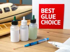 Three bottles of model glue and a syringe sit on a wooden surface next to model airplanes. A red sign reads "BEST GLUE CHOICE.