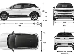 Opel Mokka wymiary: długość 4151 mm, szerokość 1791 mm, wysokość 1534 mm. Kompaktowy SUV z wyraźnymi proporcjami.