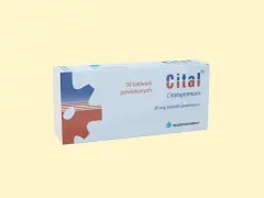 Opakowanie leku Cital, zawierające 30 tabletek powlekanych citalopramu 20 mg.