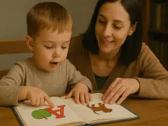 Mama uczy malucha liter i obrazków. Radość z nauki czytania dla dzieci.