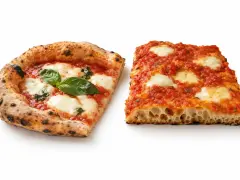Dwie kromki pizzy: jedna okrągła z bazylią, druga prostokątna. Prawdziwy smak najlepszej pizzy w Rzymie.
