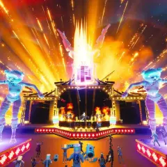 Koncert w Fortnite z Marshmello w roli głównej. Gigantyczne, świecące postacie misiów i wybuchy fajerwerków tworzą niesamowitą atmosferę.