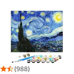 Kit de pintura por números para niños, recreando la noche estrellada de Van Gogh. Incluye pincel y pinturas.