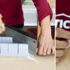 Manos cortando madera con sierra y caja de inglete para un corte a inglete sin ingletadora.