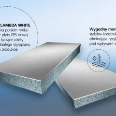 Dwie płyty styropianowe EPS, tworzące podwójny mur. Szary i biały styropian w jednym produkcie, zapewniający stabilność i wygodny montaż.