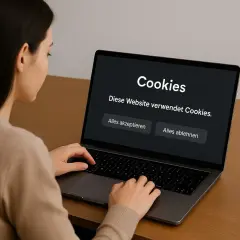 Frau am Laptop entscheidet über optionale Cookies. Sie sieht die Auswahl "Alles akzeptieren" oder "Alles ablehnen".