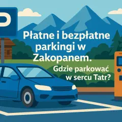 Płatne i bezpłatne parkingi w Zakopanem. Gdzie parkować w sercu Tatr? Ilustracja z niebieskim autem, znakiem P i automatem parkingowym.
