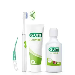Kit per la corretta igiene orale: spazzolino elettrico, dentifricio e collutorio GUM ActiVital con Q10.
