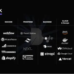 Tableau des meilleures technologies pour le développement web : Design (Adobe, Figma), No-code (Webflow, WordPress), Frontend (React Native, Next.js), Backend (Node.js, NestJS, Strapi), Cloud & DevOps (AWS, Docker, OVHcloud, Google Cloud, Vercel), Misc...