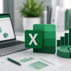 Laptop z arkuszem kalkulacyjnym, ikona Excel i wykresy symbolizują zaawansowane funkcje Excel do analizy danych.