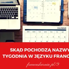 Biurko z laptopem, kalendarzem i kawą. Dowiedz się, skąd pochodzi poniedziałek po francusku i inne nazwy dni tygodnia.