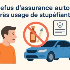Un homme triste regarde sa voiture bleue, symbolisant le refus d'assurance auto après usage de stupéfiants.