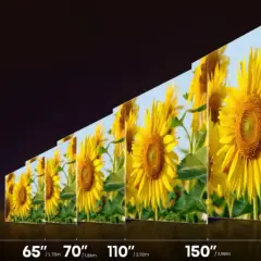 Wiele ekranów z polem słoneczników, od małych do ogromnych, prezentuje jakość filmy 4k.