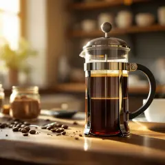 Aromatyczna kawa z french press, ziarna kawy i biała filiżanka na drewnianym blacie.