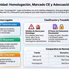 Guía sobre homologación CE, marcado CE y adecuación de maquinaria. Explica los tres escenarios legales: homologación administrativa, marcado CE y adecuación.