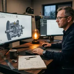 Doświadczony konstruktor pracuje nad projektem mechanicznym na komputerze. Na biurku leży szkic techniczny i kubek z logo MD.