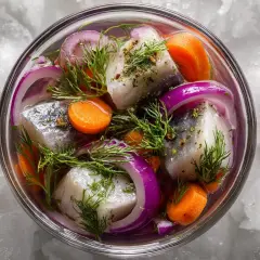 Inlagd sill med dill, rödlök och morötter i en skål på is. En klassisk svensk rätt, 123 lag.
