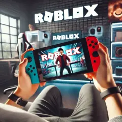 Gracz trzyma konsolę Nintendo Switch, na której wyświetla się logo Roblox.