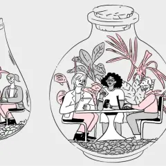 Personas trabajando en terrarios, ilustrando los silos organizacionales.