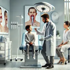 Lekarz bada małego pacjenta, który siedzi na fotelu. Na ścianie wiszą anatomiczne plansze, sugerujące konsultację związaną z podcięciem wędzidełka.