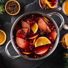Aromaticzny grzaniec galicyjski w garnku, z jabłkami, pomarańczami, żurawiną i przyprawami. Obok kubki z napojem, suszone pomarańcze i gałązki jodły.
