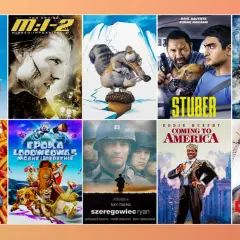 Kolekcja plakatów filmowych: Dr. Dolittle 2, Mission: Impossible 2, Piotruś Królik, Epoka Lodowcowa, Stuber, Narnia, Szeregowiec Ryan, Coming to America, Die Hard. Wiele z nich to filmy akcji ostatnich lat.